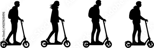 Silhouettes, people riding electric scooters, sequence of five figures, black and white illustration, minimalist design, urban transportation, side view profiles, motion progression, scooter riders 
