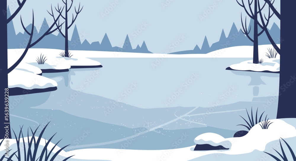 Fototapeta premium Winter ice skating on a frozen lake serene nature scene snowy landscape tranquil viewpoint beautiful outdoors. Vector illustration