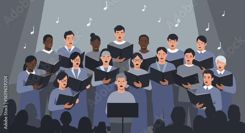 Choral performance by a diverse choir concert hall digital art indoor venue frontal view unity in music. Vector illustration