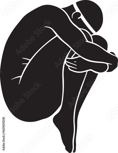 Black and white silhouette of person curled up fetal position