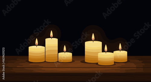 Candle lighting ceremony cozy room digital art warm ambiance close-up tranquility and reflection. Vector illustration