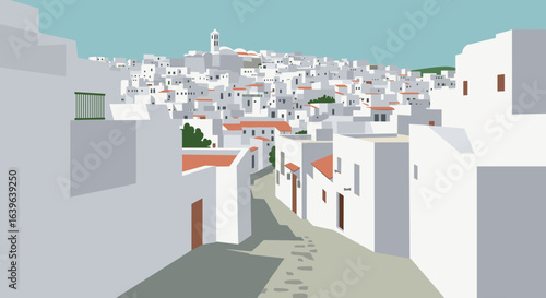 Exploring quaint whitewashed streets mykonos digital illustration mediterranean scenic view artistic concept. Vector illustration