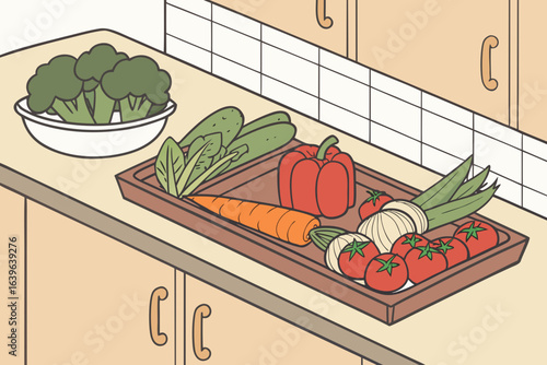 Fresh vegetables including broccoli tomatoes peppers onions carrots and cucumbers arranged on a kitchen counter