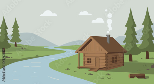 Relaxing cabin by the river in a serene forest landscape digital art tranquil viewpoint. Vector illustration