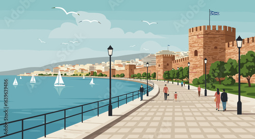 Leisurely stroll along coastal pathway seaside town digital illustration serene atmosphere eye-level view travel inspiration. Vector illustration