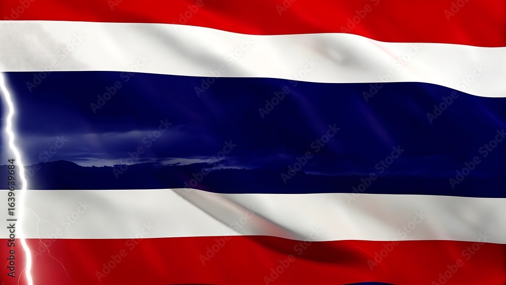 Fototapeta premium A thailand flag with lightning strike in the background on a stormy day