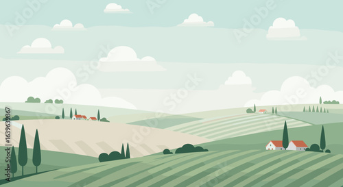 Tranquil farming landscape countryside digital illustration serene environment panoramic view rural harmony. Vector illustration