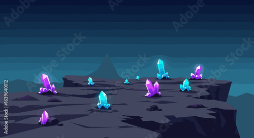 Exploring colorful crystal formations fantasy landscape digital art nighttime aesthetic viewpoint. Vector illustration