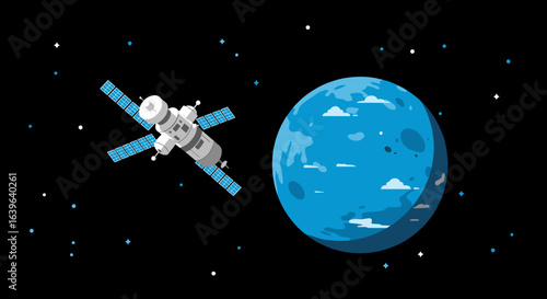 Exploring space missions satellite orbiting planet earth in cosmic environment. Vector illustration
