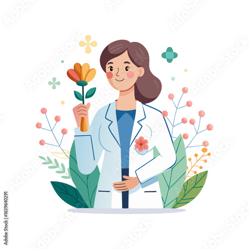 Female doctor holding test tube with blooming flowers inside, symbolizing medical innovation, healthcare research, nature healing, wellness, science, and hope