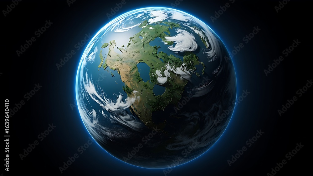 Realistic Earth Rendering Showing North America with Clouds and Atmosphere in Deep Space Visualization for Scientific and Educational Purposes Realistic Earth Rendering Showing North America with Clouds and Atmosphere in Deep Space Visualization for Scientific and Educational Purposes