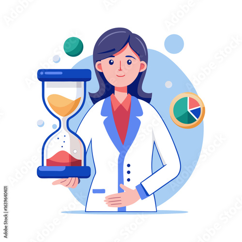 Female doctor holding an hourglass with pills instead of sand symbolizing medication time, healthcare urgency, and pharmaceutical innovation concept