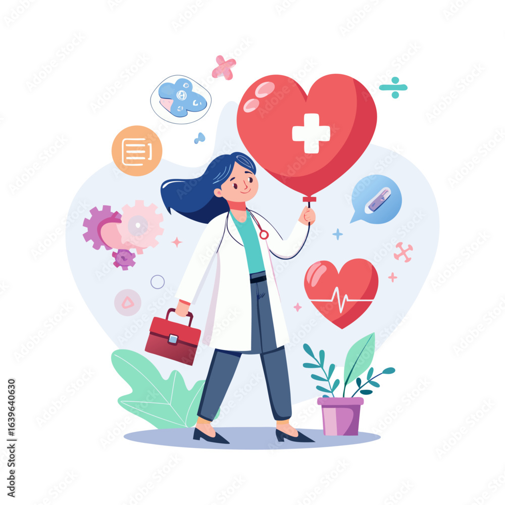 Beautiful female doctor holding large heart-shaped balloon with medical symbols promoting healthcare compassion, wellness, and heart health awareness Beautiful female doctor holding large heart-shaped balloon with medical symbols promoting healthcare compassion, wellness, and heart health awareness