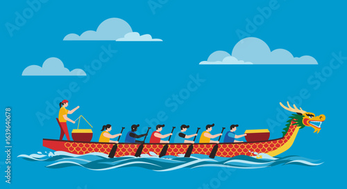 Dragon boat racing event waterfront illustration vibrant blue environment dynamic viewpoint. Vector illustration