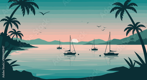 Sailing adventure at sunset tropical bay digital art tranquil waters serene viewpoint coastal beauty. Vector illustration