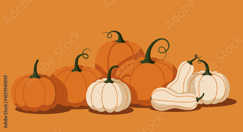Harvest festival pumpkins and gourds autumn market food photography cozy atmosphere vibrant colors. Vector illustration