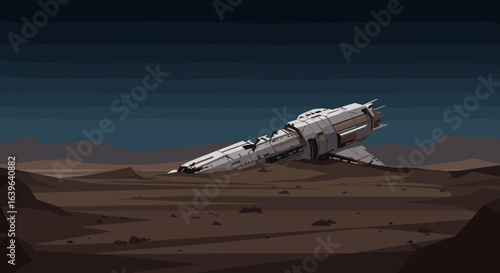 Abandoned spacecraft crash landing on martian surface sci-fi art desert landscape futuristic concept. Vector illustration