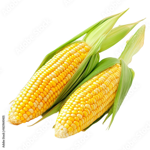 Two fresh corn cobs on the cob yellow kernels green husks healthy food isolated on transparent background cutout
