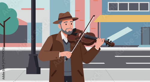 Musician performing violin on city street urban environment digital illustration dynamic viewpoint artistic concept. Vector illustration