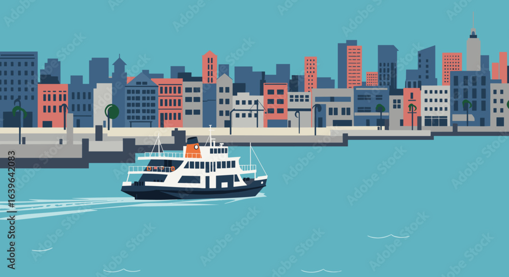 Obraz premium Ferry crossing the harbor city skyline digital illustration urban environment aerial view travel concept. Vector illustration