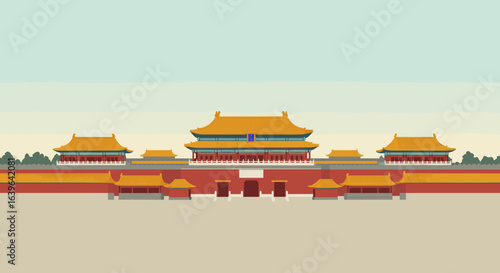 Historic action at the forbidden city beijing digital art calm landscape front view cultural heritage exploration. Vector illustration