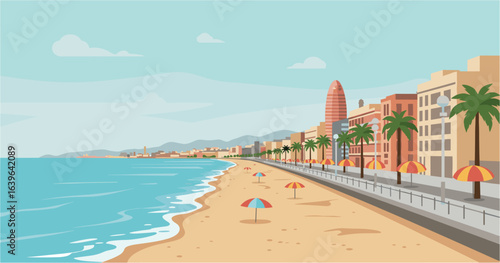 Relaxing beach day at barcelona's coastal promenade illustrative view of summer vacation vibes. Vector illustration