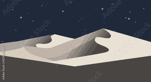 Sand dunes at night desert landscape digital art starry sky serene viewpoint tranquil atmosphere. Vector illustration