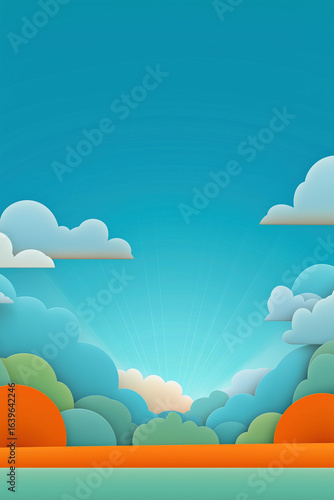 Cartoon Landscape with Vibrant Sky, Sun Rays and Fluffy Clouds – Colorful Nature Background for Kids, Games, Animation and Creative Design Projects