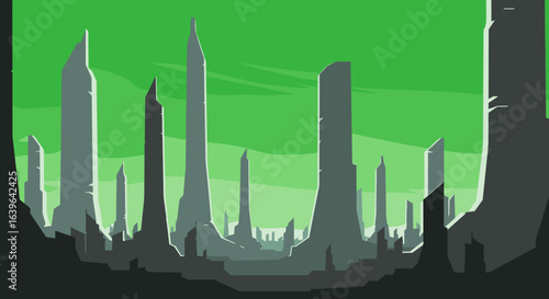 Exploring the abandoned cityscape futuristic environment digital artwork surreal landscape wide shot urban decay concept. Vector illustration