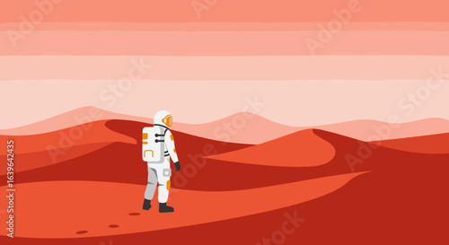 Astronaut exploring the red landscape martian terrain digital art surreal environment wide view space exploration. Vector illustration