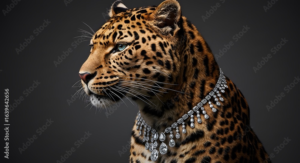 Fototapeta premium Hyper-realistic full-face studio photo of a leopard. A luxurious diamond necklace artfully adorns his neck, repeating its shape. gray background, fashionable editorial lighting, clear details on diamo