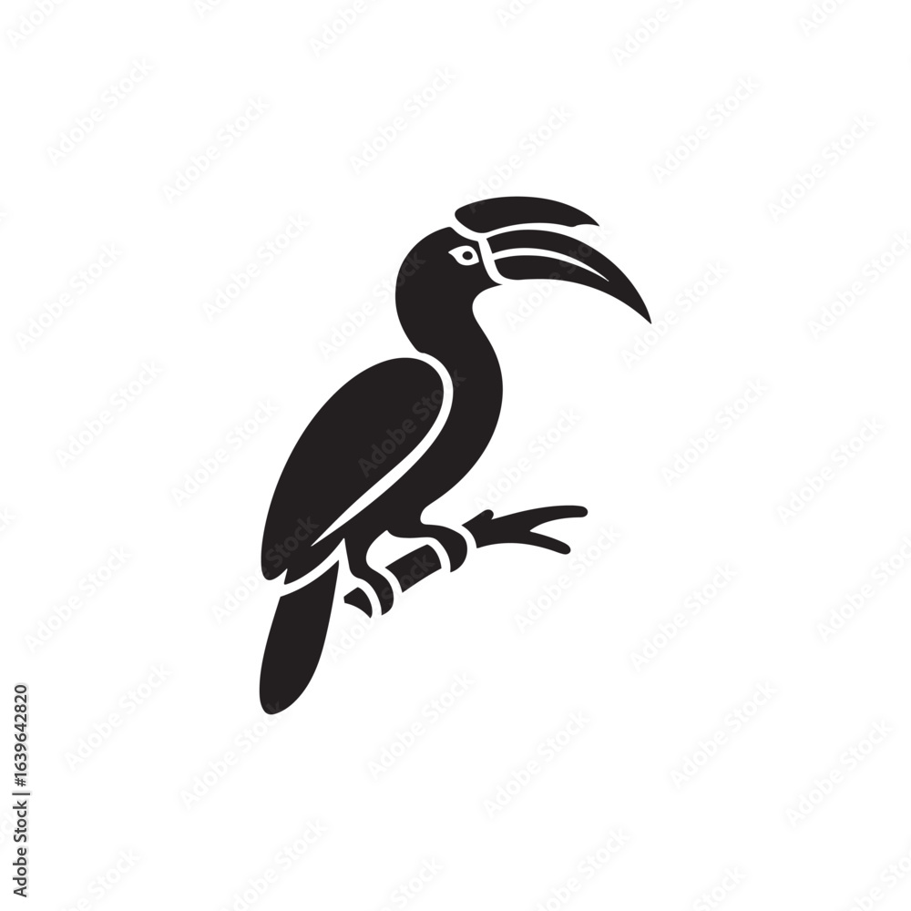 Obraz premium Majestic Hornbill Silhouette Vector Art – Exotic Tropical Bird with Large Curved Bill and Distinctive Casque, Minimal Black Outline Perfect for Wildlife Themes, Nature Logos, and Decorative Prints