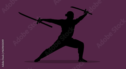 Dynamic martial arts display urban setting silhouette action evening light inspirational concept. Vector illustration