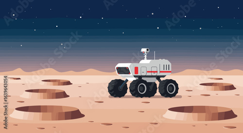 Exploring the moon's surface space rover adventure lunar landscape digital art night sky futuristic concept. Vector illustration