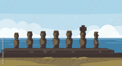 Easter island statues moai sculptures coastal landscape digital illustration serene view cultural heritage. Vector illustration