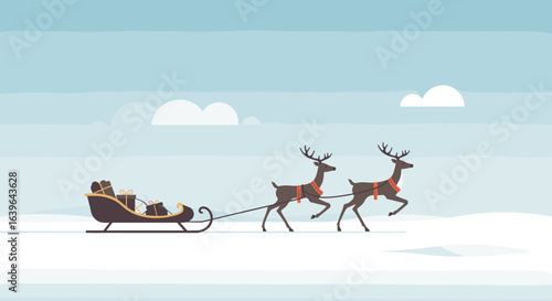 Festive sleigh ride with reindeer winter wonderland digital illustration snowy landscape side view holiday spirit. Vector illustration