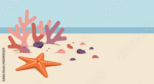 Exploring coral reefs with starfish on sandy beach coastal environment vibrant marine life. Vector illustration