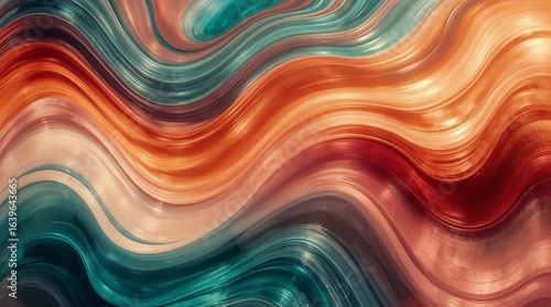 Dynamic flowing abstract waves in orange and turquoise with metallic finish