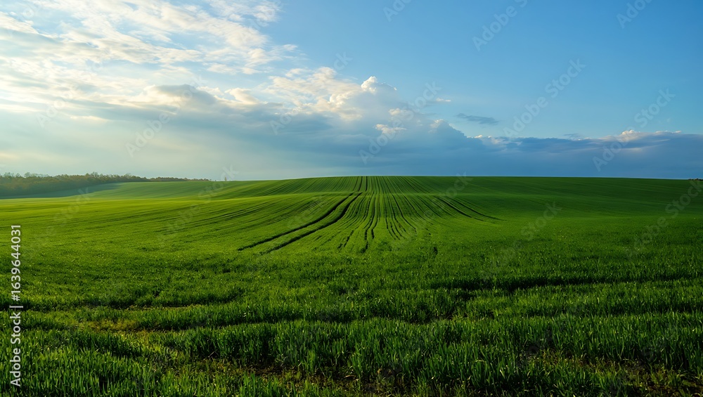 Fototapeta premium Vibrant Green Field Under a Blue Sky with Wispy Clouds Tranquil Rural Landscape Photography