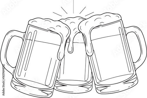 Three beer mugs toasting, illustration style, black and white color