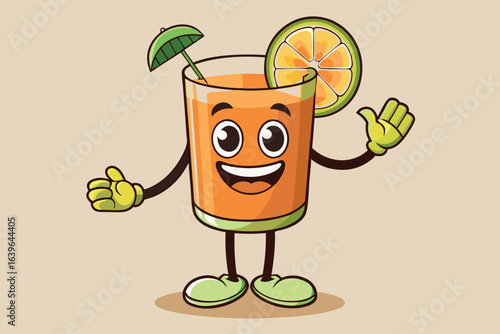 Cartoon orange juice character with a slice of orange and umbrella