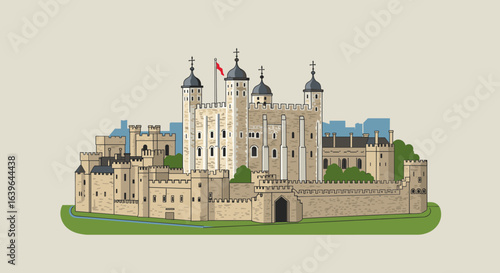 Historic tower of london castle london illustration urban aerial view architectural heritage. Vector illustration