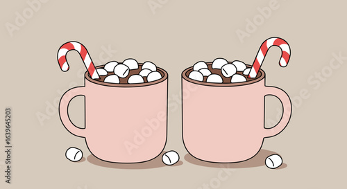 Warm holiday drinks cozy hot chocolate with marshmallows home illustration soft colors top view festive theme. Vector illustration