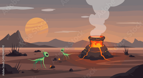 Alien encounter at volcanic landscape sci-fi illustration surreal environment creative viewpoint. Vector illustration