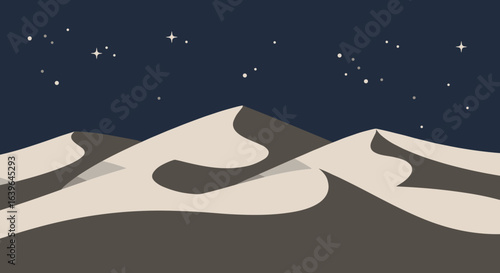 Sand dunes at night desert landscape digital art starry sky aesthetic viewpoint serenity and calmness. Vector illustration