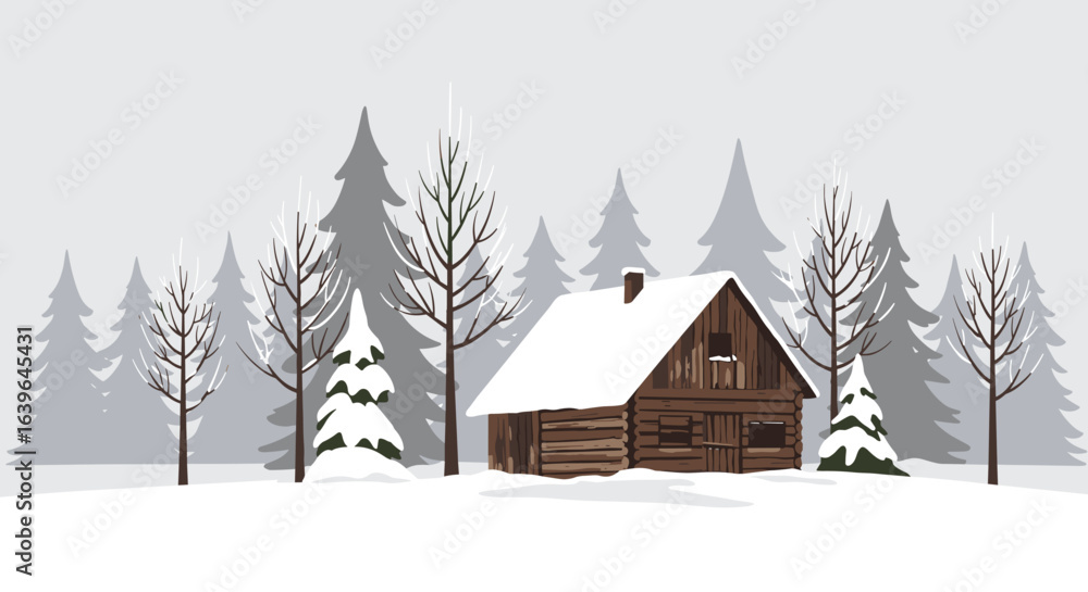 Naklejka premium Winter scene cozy cabin surrounded by snowy pines digital illustration tranquil environment serene viewpoint. Vector illustration