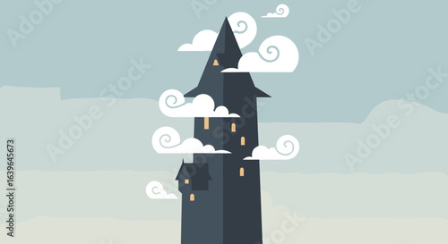 Mysterious tower rising above clouds fantasy landscape digital art calm environment elevated viewpoint enigmatic concept. Vector illustration