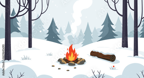 Cozy campfire gathering snowy forest digital illustration winter wonderland aerial view outdoor adventure. Vector illustration