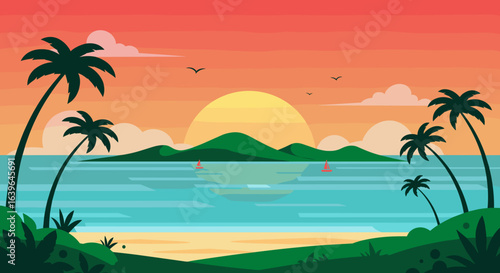 Sunset sailing adventure tropical island digital illustration calm ocean panoramic view vacation dreamscape. Vector illustration