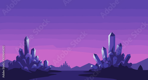 Crystal formation event in a surreal landscape at twilight digital art fantasy environment vibrant viewpoint. Vector illustration